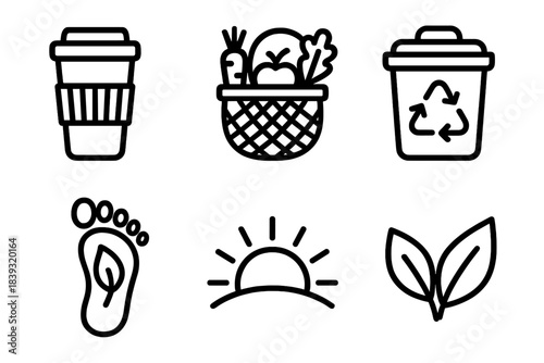 Sustainable Lifestyle Icons. Sustainable Lifestyle Kit linear set: travel cup, veggie basket, minimal waste bin, green footprint, sunlight arc, soft leaf pair.