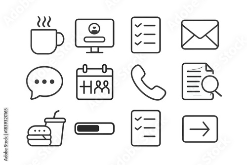 Workday Routine Icons. Workday Routine Icons linear set: morning coffee, login screen, task list, email inbox, team chat bubble, meeting calendar, phone call symbol, document