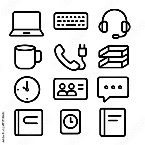 Workday Office Icons. Workday Tools linear set: laptop, keyboard, mouse, headset, coffee mug, phone receiver, charging cable, document tray, clock icon, meeting card, note bubble,