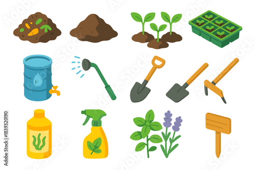 Eco Garden Kit Icons. Eco-Friendly Garden Kit isometric flat set: decomposed compost, nutrient-rich soil, plant starts, seedling tray, harvested rainwater, watering wand, spade,