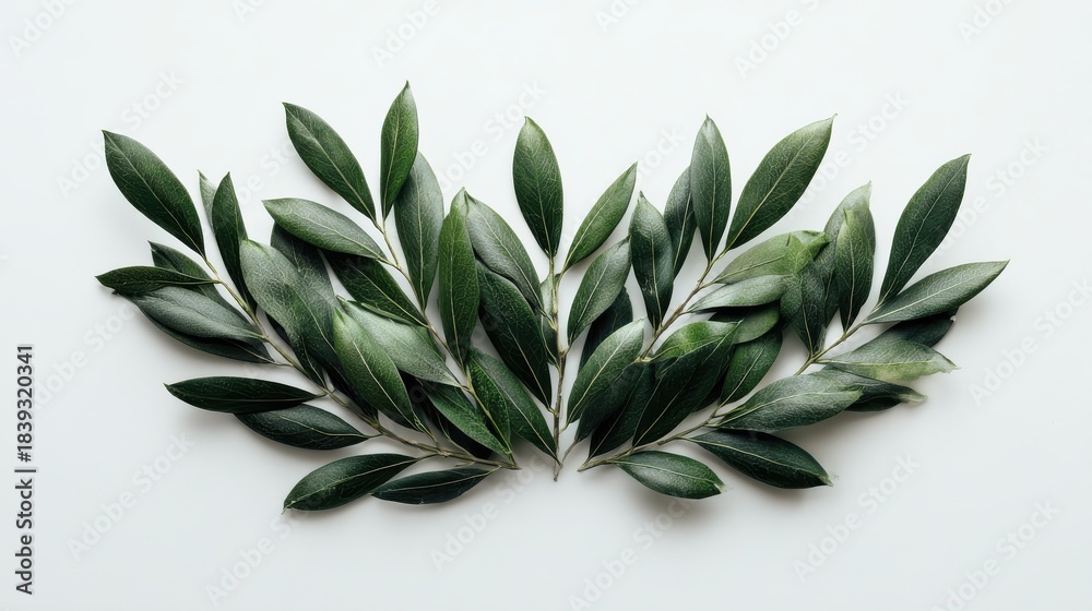 Obraz premium olivegreen leaves arranged in a fan shape on white background minimalist still life natureinspired decor