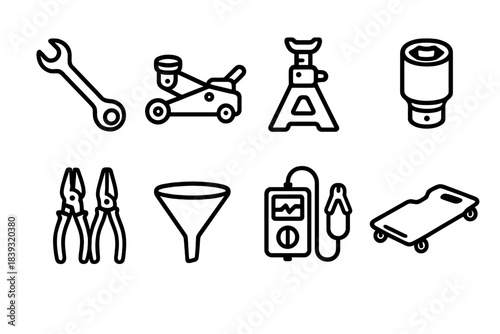 Car Repair Icons. Car repair essentials linear set: combination wrench, hydraulic jack, jack stand, impact socket, pliers set, funnel, battery tester, creeper board.