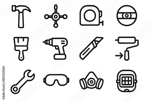 Tool Icon Set. House Renovation Gear linear set: claw hammer tile, multi-head screwdriver node, tape measure bar, bubble level ring, paint brush patch, drill machine stripe,