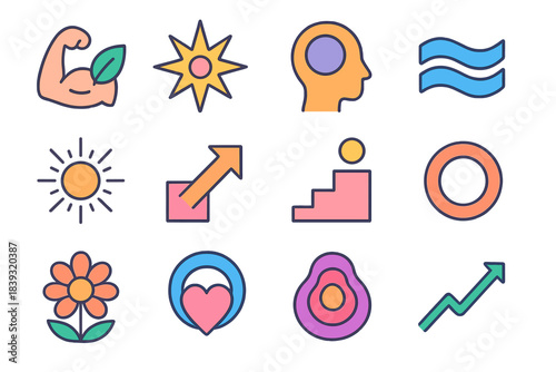 Emotional Growth Icons. Emotional Growth Icons flat set: inner-strength leaf, clarity spark, insight bubble, reflective wave, healing glow, breakthrough arrow, mindful steps,