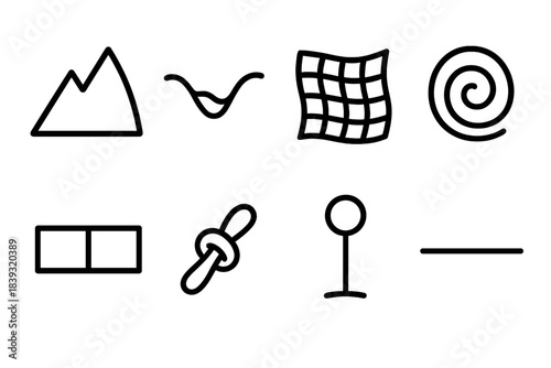 Tension Landscape Icons. Tension Landscape Framework linear set: inner-stress peak, uncertainty valley patch, friction field grid, internal strain curl, thought-division bar,