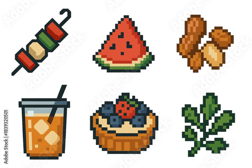 Independence Day Icons. Independence Day Cookout set of icons in flat pixel vector style: veggie kebab, watermelon slice, mixed nuts, iced tea cup, fruit tart, herb garnish.