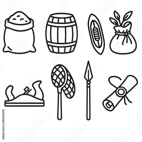 Medieval Occupation Icons. Early Society Occupations linear set: miller’s grain sack, cooper’s barrel, weaver’s shuttle, herbalist pouch, carpenter’s plane, fisherman’s net, guard