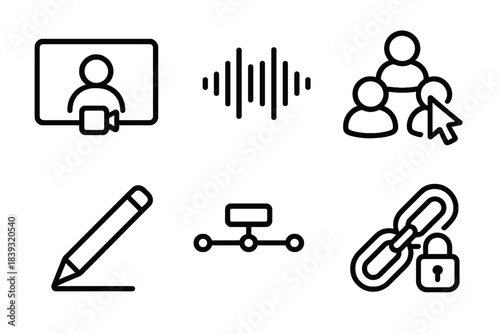 Remote Collaboration Icons. Remote Collaboration Tools linear set: video window, audio wave, group cursor, annotation pen, project timeline, secure link.