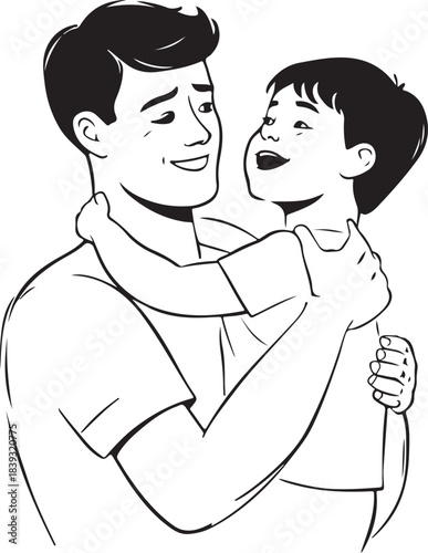 Black and White Illustration of Father and Boy Bonding