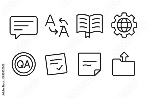 Content Localization Icons. Content Localization Elements linear set: text segment box, language switch arrow, reference guide, regional settings icon, QA review stamp, corrected
