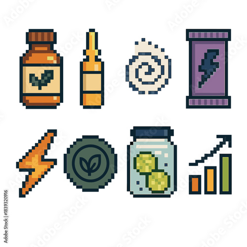 Functional Drink Icons. Functional Drink Innovations pixel style set: adaptogen bottle, vitamin shot vial, probiotic swirl, electrolyte mix pouch, energy boost icon, wellness seal,