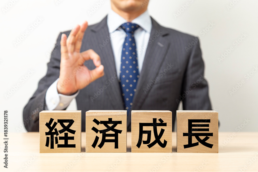 Obraz premium 「経済成長」と書かれたブロックとOKポーズをするビジネスマン