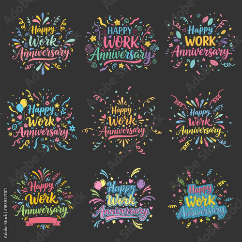 Happy work anniversary typography set with colorful celebration confetti.