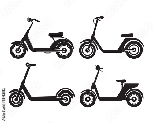 Electric scooter silhouette, scooter icon, electric vector design, e-scooter silhouette illustration set collection