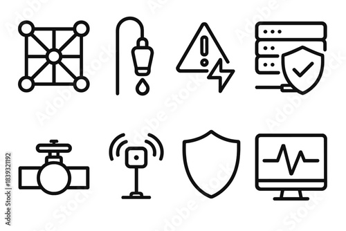 Infrastructure Protection Icons. Infrastructure protection network linear set: utility grid tile, leak detection probe, overload alert, secure gateway bar, pipeline valve icon,