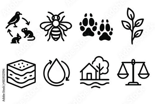 Ecosystem Icon Grid. Ecosystem Balance Set linear set: food web icon, pollinator bee, predator tracks, plant diversity sprig, soil layer slice, water cycle drop, habitat patch,