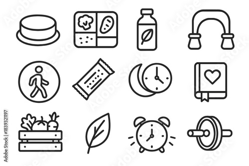 Holistic Health Icons. Holistic Health Routine linear set: meditation cushion, clean meal prep box, herbal infusion bottle, resistance tube, outdoor walk symbol, healthy snack bar,