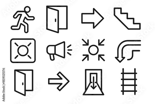 Emergency Exit Icons. Emergency Exit Set linear set: exit figure, doorway icon, arrow pointer, stairs down icon, safety zone sign, guiding beacon, meeting point mark, pathway line,
