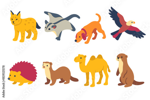 Wilderness Animal Icons. Wilderness ally animals isometric flat set: watchful lynx, gliding sugar glider, tracking hound, soaring kite bird, bushwise hedgehog, scouting ferret,