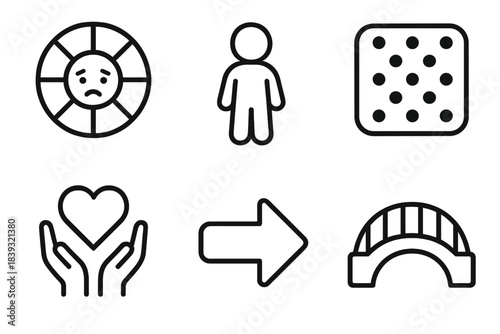 Play Therapy Icons. Expressive Play Therapy Icons linear set: feelings wheel, symbolic figure, tactile texture pad, guided play arrow, nurturing heart, connection bridge.