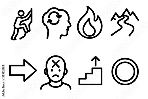 Journey of Resilience. Personal Challenge linear set: climbing figure, mindset shift bubble, resilience flame, tough path icon, determination arrow, inner test symbol, growth step,