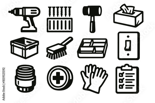 Bold Home Essentials Icons. Essential Home Gear Set silhouette set: cordless drill, screw set, rubber mallet, cleaning wipes, storage crate, utility brush, organizers tray, light