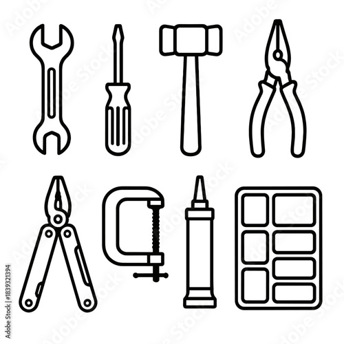 Tool Icon Collection. Fix-It Tool Collection linear set: spanner, crosshead screwdriver, rubber hammer, needle-nose pliers, multitool, clamp set, sealant tube, organizer tray.