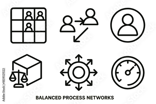 Balanced Process Icons. Balanced Process Networks linear set: task allocation tile, peer-review arrow, oversight ring, equitable resource node, distributed authority icon, fairness