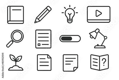 Learning Tools Icons. Skill-Building Themes linear set: workbook, sketch pencil, idea spark, learning module card, magnifier, reference sheet, progress bar, study lamp, task card,
