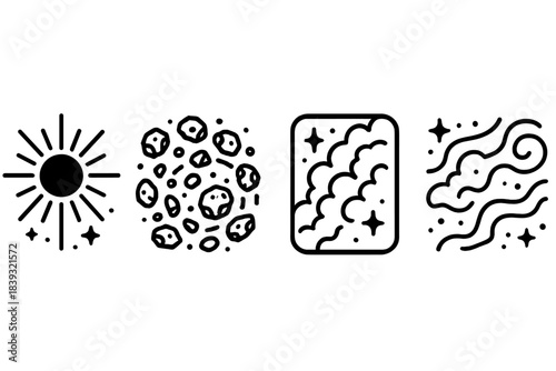 Cosmic Icon Array. Space Environment Concepts linear set: pulsar glow bead, asteroid-cluster coil, interstellar mist panel.