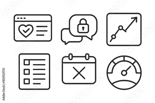 Healthcare Dashboard Icons. Patient Experience Dashboard linear set: health status tile, secure messaging icon, interactive tracker arrow, survey panel, appointment tile,
