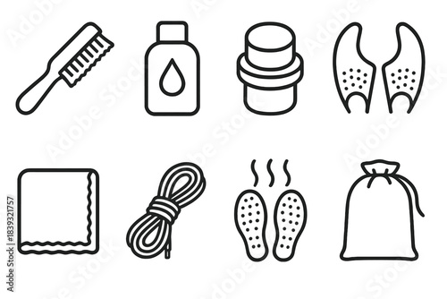 Footwear Maintenance Icons. Footwear maintenance tools linear set: suede brush, leather conditioner bottle, sponge applicator, crease guard, shine cloth, replacement laces,