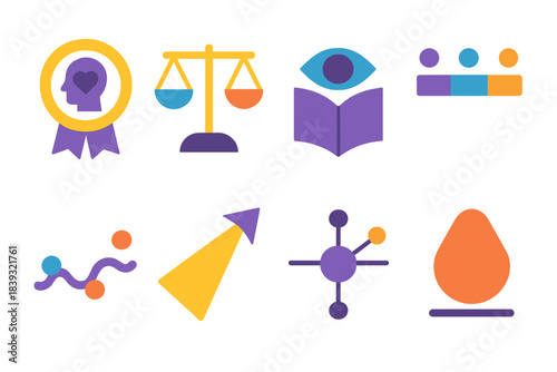 Minimalist Symbolic Icons. Interpretive Perspective Set flat set: lived-experience badge, emotional weighting scale, symbolic reading icon, contextual nuance bar, internal