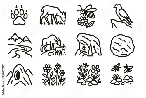 Alpine Wildlife Icons. Peaks & Wildlife Interactions linear set: predator tracks, herbivore grazing patch, pollinator on alpine flower, cliffside perch, mountain stream bend,