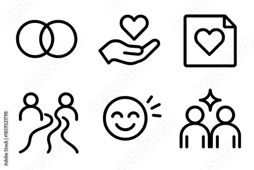 Friendship Symbols. Friendship linear set: connection loop, caring palm, kind note, shared path, laughter mark, companion spark.
