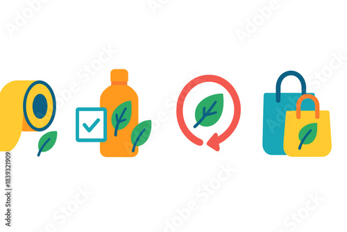 Eco Product Icons. Sustainable Buying Models flat set: low-waste strip, eco-friendly product panel, conscious-choice coil.