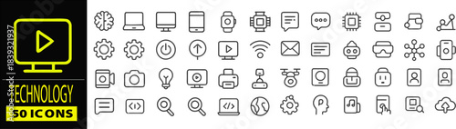 A comprehensive collection of 50 outline technology icons, featuring devices, communication, and digital concepts for modern interfaces.