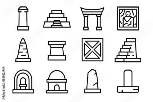 Ancient Monument Icons. Ancient Monument Structures linear set: monolithic pillar, terraced platform, ceremonial gate, carved relief panel, tapered tower, stone plinth, geometric