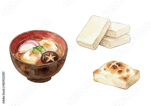 Watercolor-style mochi illustration／お雑煮・切り餅