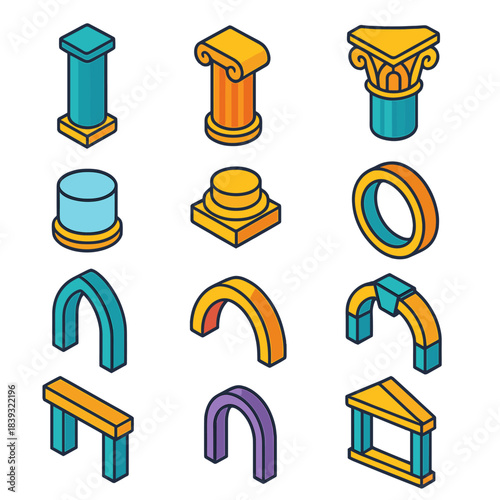 Isometric Column and Arch Icons. Architectural Column–Arch Elements isometric flat set: plain shaft column, scroll-top column, ornate capital column, column drum, molded base,