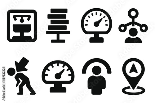 Icons of Responsibility. Burden of responsibilities silhouette set: weight scale tile, task pile bar, pressure gauge, accountability node, decision load icon, duty meter, stress