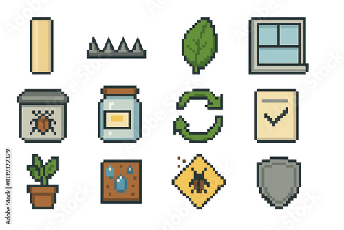 Home Pest Deterrence Icons. Home Pest Deterrence Kit pixel style set: cord cover panel, pest barrier strip, plant-based repellent leaf, window gap seal, pantry protection bin, dry