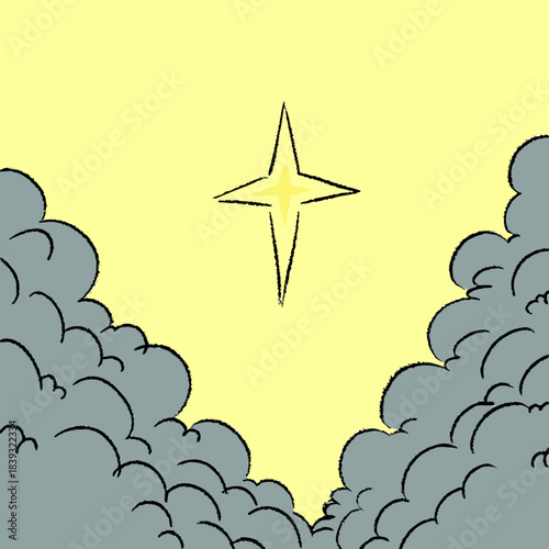 A bright star shines through clouds in the sky