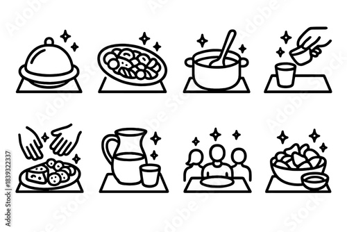 Communal Meal Icons. Gathered Around Food linear set: centerpiece dish, shared appetizers plate, ladle in pot, refill gesture, snack board, communal drink jug, table placemats,