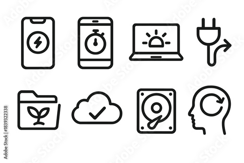 Eco-Friendly Tech Icons. Eco-Friendly User Habits linear set: power-saving mode icon, device sleep timer, dimmed screen, unplug reminder, clean data folder, cloud efficiency badge,