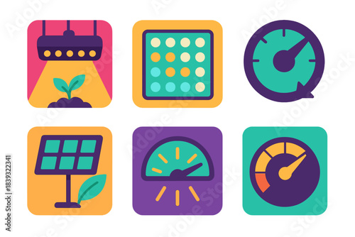 Vibrant LED Horticulture Icons. Controlled Plant Illumination flat set: horticultural LED, light diffuser tile, intensity dial, rotation arrow, energy-efficient panel, light output