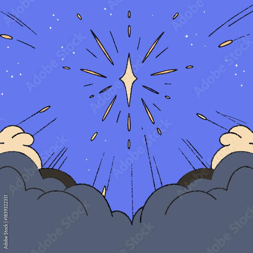 A bright star bursts with light in a starry night sky