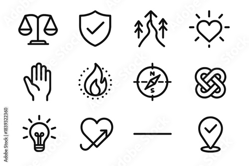 Moral Values Icons. Moral Truth Icons linear set: heart scale, integrity badge, principled path, sincerity glow, honest gesture, clarity flame, ethical compass, truth knot, virtue