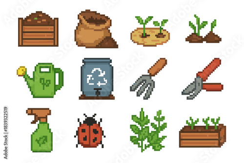 Organic Grower's Icons. Organic Grower's Set set of icons in flat pixel vector style: mature compost, soil amendment, mulch mat, sprouting seeds, moisture-saving watering can,