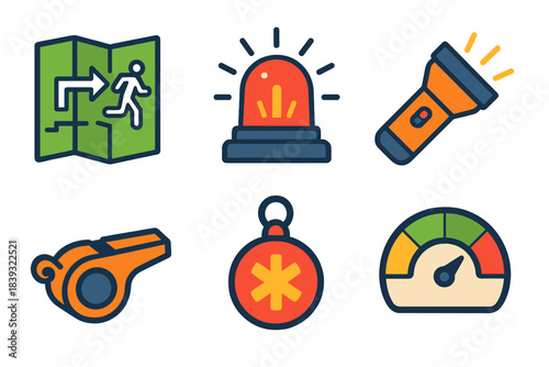 Emergency Readiness Icons. Rapid Response Tools flat set: evacuation map, alert siren, flashlight, safety whistle, emergency token, readiness gauge.